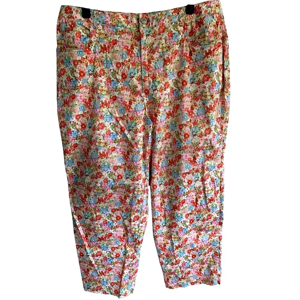 Kate Hill Woman Floral Print Cropped Pants Size 16W Beige Multi Color Casual